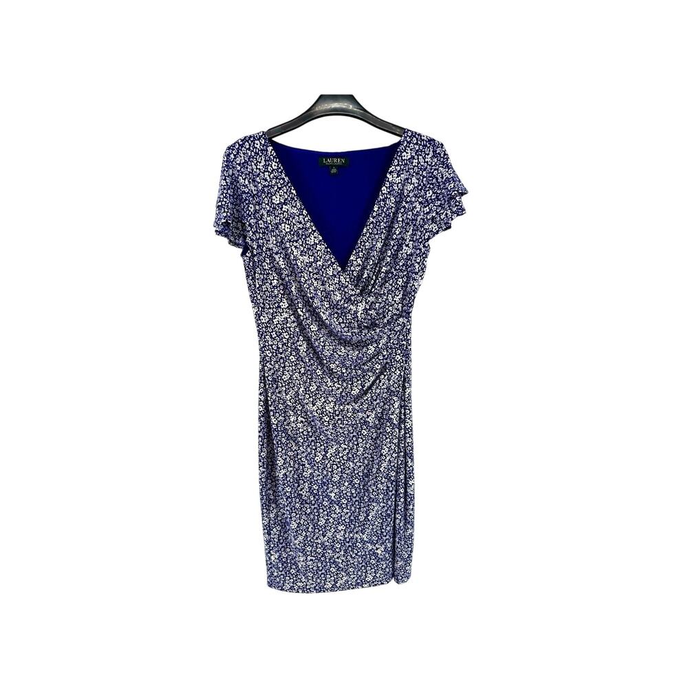 Lauren Ralph Lauren Size 4 Blue White Floral Short Sleeve Faux Wrap Dress